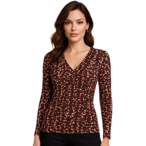 Ann Taylor Petites V-neck Long Sleeve Print Top, SP - Picture 1 of 7
